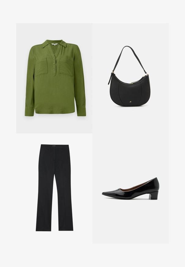 TOM TAILOR BLOUSE STRUCTURED SOLID - Μπλούζα - deep ivy green; Μαύρο παντελόνι με ίσια γραμμή, απαλό ύφασμα και χωρίς ορατά σχέδια. Σχεδιασμένο με κλασικές μπροστινές τσέπες και φερμουάρ.; Μαύρο λακαρισμένο παπούτσι με χαμηλό τακούνι, μυτερό μύτη και κυρτό τακούνι τύπου block, εμφανίζεται στο προφίλ σε απλό φωτεινό φόντο.; Μαύρη δερμάτινη τσάντα χειρός με καμπύλο σχήμα, υφή στην επιφάνεια, εμπρόσθια ραφή και λογότυπο σε χρυσό τόνο. Διαθέτει μία ρυθμιζόμενη ιμάντα.
