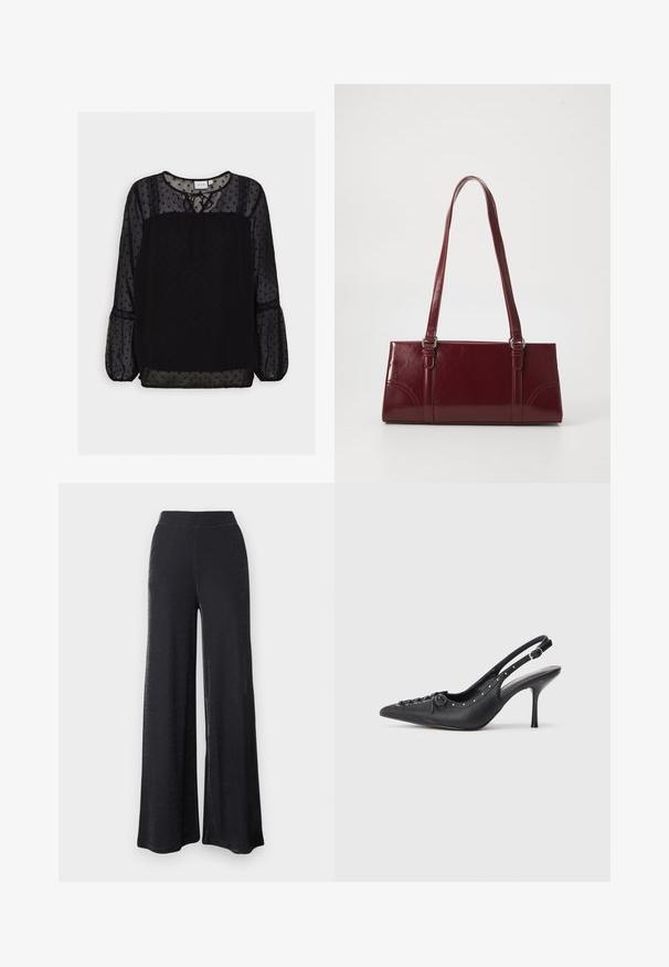 Zwart blouse met stippen patroon van doorschijnende stof, met gestructureerde accenten, ronde halslijn, strikdetail, en lange pofmouwen. Kantafwerking op de schouders.; Zwarte wijde broek gemaakt van een zachte, rekbare stof met een subtiele glans, voorzien van een elastische tailleband en een relaxte pasvorm.; Zwarte leren slingback stiletto met spitse neus, zijgesp met gesp, studs langs de rand en decoratieve veters aan de voorkant.; Bourgondische handtas van glanzend materiaal, rechthoekige vorm, met twee schouderbanden en subtiele gebogen accenten aan de voorkant.