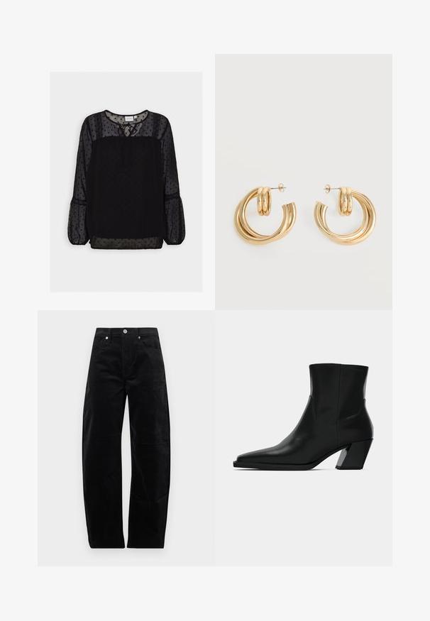 Blouse noire à pois avec un tissu transparent, des accents texturés, un col rond, un détail à nouer et de longues manches bouffantes. Dentelle sur les épaules.; Pantalon droit en velours côtelé noir avec fermeture à bouton et zip à l'avant, poches avant et arrière, présenté sur un fond uni.; Bottine en cuir noir avec un bout pointu, une silhouette élégante et un talon carré massif. Texture lisse avec des détails de couture minimalistes.; Paire de boucles d'oreilles créoles doubles en or brillant avec attaches à tige sur fond blanc.