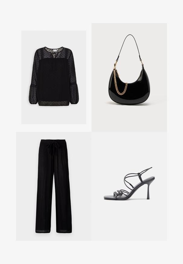 Blouse noire à pois avec un tissu transparent, des accents texturés, un col rond, un détail à nouer et de longues manches bouffantes. Dentelle sur les épaules.; Pantalons larges noirs en tissu texturé, présentant une taille à nouer et une coupe décontractée. L'ourlet est légèrement transparent avec une silhouette droite.; Des sandales noires à talons hauts avec des fines lanières au design noué, un bout carré lisse et un talon aiguille élégant.; Sac à main en cuir verni noir avec une forme courbée, une fine bandoulière et un accent chaîne dorée sur le devant. Texture lisse, design minimaliste.