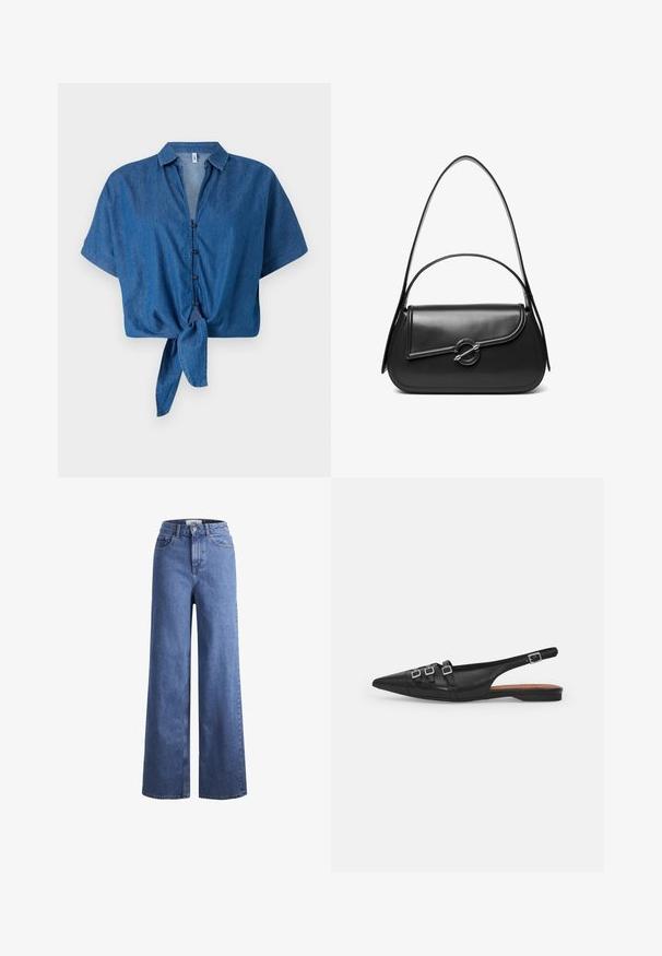 Blå denim skjorte med korte ærmer, krave, knaplukning foran og detaljeret knude i kanten. Blød tekstur og afslappet design.; Lyseblå denim brede bukser med høj talje, to frontlommer og synlige stikninger. Har en knap- og lynlåslukning.; Sort læderslyngeflad sko med spids tå, der har to vandrette stropper og firkantede sølvspænder, lav hæl og glat tekstur.; Sort skuldertaske i læder med en buet klap, der er fastgjort med en rund metal spænde, og en slank, justerbar rem.