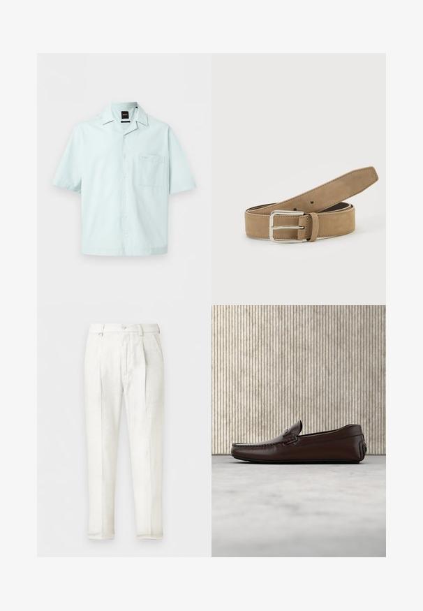 Chemise bleu clair à manches courtes avec col, poche poitrine et petit logo brodé au-dessus de la poche.; Pantalon blanc sur mesure avec plis à l'avant, poches latérales, passants de ceinture et fermeture par bouton.; Mocassins en cuir marron avec une finition lisse, des coutures de style mocassin, un bout rehaussé et une semelle en caoutchouc basse et flexible.; Ceinture en daim marron clair avec boucle métallique argentée, roulée et posée sur une surface blanche.