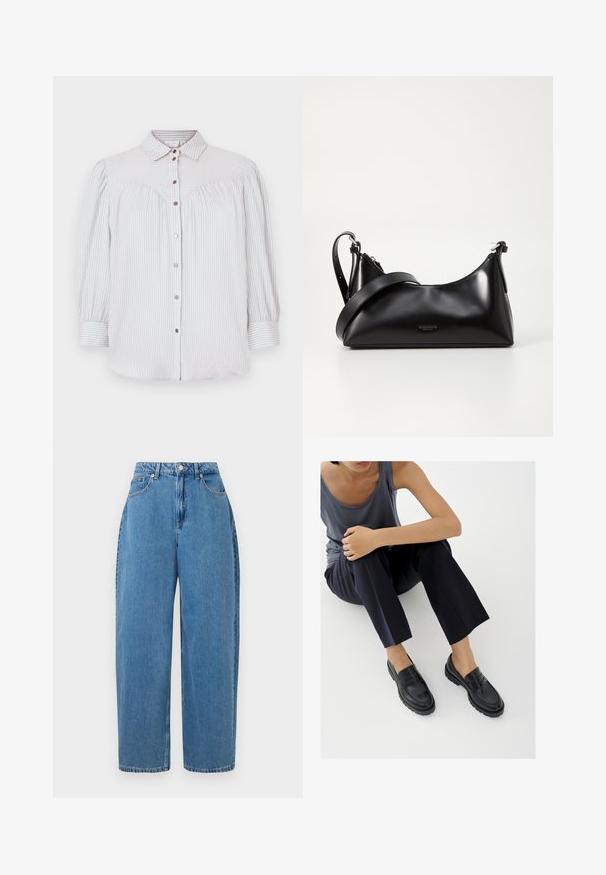 Heledad sinine-valge triibuline pluus nuppude ees, krae ja puhviga varrukatega. Omab rikkaid detailyinguid ja roosakuldseid nuppe.; Heledad denim püksid, sirge sääre lõikega, kõrge vöökoht ja eesmine nuppe sulgemine. Omab viit taskut ja minimaalseid õmblusdetailide.; Mustad nahast loafersid tekstureeritud detailidega, madala kontsaga, ümmarguse varbaosaga ja nähtava õmblustega. Modell kannab tumedaid pükse ja halli t-särki.; Mustmust nahkaga kott sileda tekstuuriga. Omab reguleeritavat rihma ja sujuvat, minimalistlikku disaini, millel on lukuga sulgemine.