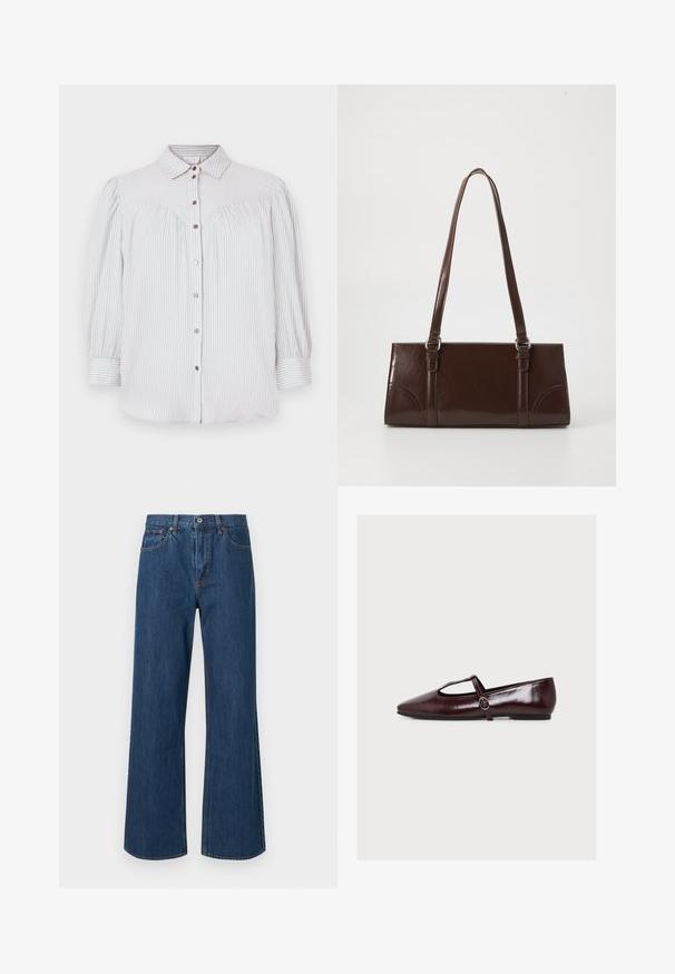 Lichtblauwe en witte gestreepte blouse met knoopsluiting, kraag en pofmouwen. Heeft een geraffineerde afwerking en roségouden knopen.; Wijdvallende denim jeans in medium blauw, met een hoge taille, voorkeurszakken en subtiele stikdetails. Gladde textuur met ronde zoom.; Bordeauxrode platte Mary Jane-schoen van lakleer met spitse neus, T-band ontwerp en kleine zijknoop op een effen witte achtergrond.; Bruine lakleren handtas met een rechthoekige vorm, twee lange handvatten en subtiele gebogen accenten aan de voorkant.