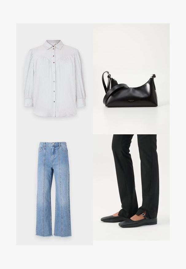 Lyseblå og hvidstribet bluse med knaplukning foran, krave og puffede ærmer. Har sammensyning og roseguld knapper.; Lysblå denim wide-leg jeans med høj talje, forreste sømme og rå kant. Funktioner en klassisk knap- og lynlåslukning i taljen.; Ben iført sorte smalle bukser med forreste slidser ved kanten, parret med sorte flade Mary Jane-sko med lille spænde.; Sort læderhåndtaske med en glat tekstur. Har en justerbar stropp og et enkelt, minimalistisk design med lynlås.
