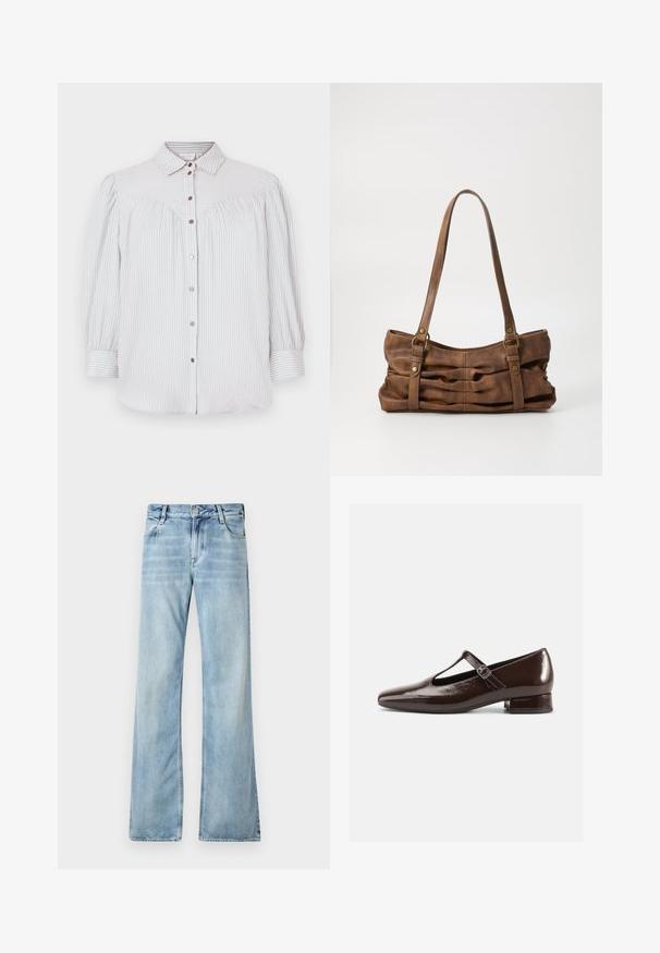 Lichtblauwe en witte gestreepte blouse met knoopsluiting, kraag en pofmouwen. Heeft een geraffineerde afwerking en roségouden knopen.; Lichtblauwe flared jeans van denim, met een vijf-pocket ontwerp, knoopsluiting en subtiele vervaging voor een versleten effect.; Bruine lakleren Mary Jane-schoenen met een afgeronde neus, een uitgesneden ontwerp en een verstelbare riem. Lage blokhak.; Even&Odd Handtas - brown