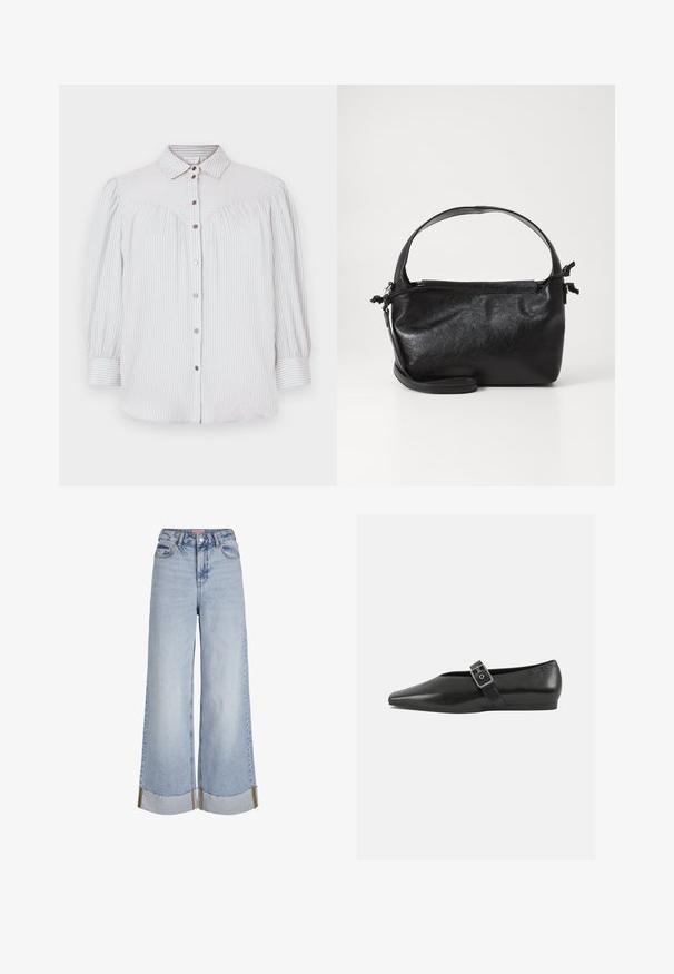 Lyseblå og hvidstribet bluse med knaplukning foran, krave og puffede ærmer. Har sammensyning og roseguld knapper.; Lysblå vide jeans med høj talje, frynsede sømme og kontrasterende syninger, lavet af denim stof.; Sorte læder flade sko med spidse tæer, prydet med en metallisk spænde over vristen og en lav, fleksibel sål.; Sort læderhåndtaske med et struktureret design, rund tophåndtag og aftagelig skulderrem. Den har en glat tekstur og en subtil glans.