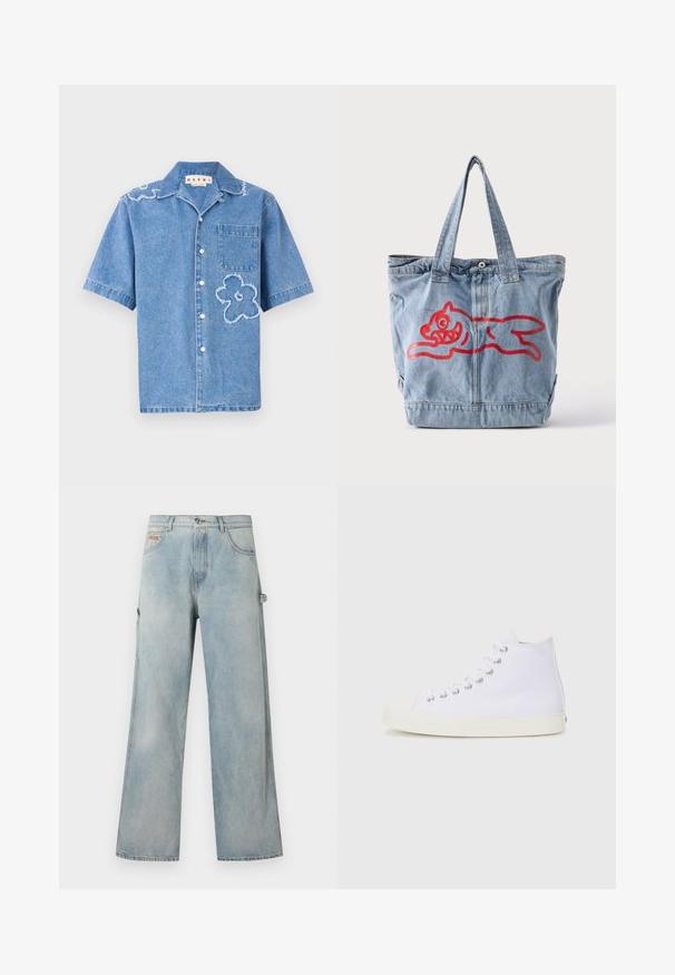 Korte mouwen denim shirt in lichtblauw, met twee rafelige bloemenmotieven, een borstzak en witte knoopsluitingen aan de voorkant.; Lichtblauwe wijde jeansbroek met vijf zakken, knoopsluiting en een lus aan de rechterkant voor gereedschap of accessoires.; Witte canvas hoge sneakers met ronde teen, metalen oogjes en crèmekleurige rubberen zool. Soepele textuur met minimale ontwerpelementen.; Lichtblauwe denim draagtas met twee handvatten en een rode omtrek van een rennend cartoonachtig dier aan de voorkant.