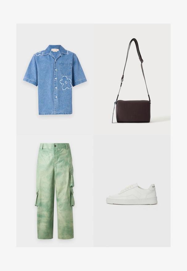 Helevarvarine teksashirt helesinine, millel on kaks fraktsiooni lillemotifi, rindade tasku ja valge nupu sulgemine ees.; Les Benjamins VINTAGE PANT - Nahkpüksid - army green; Valge nahast tennis, millel on sile põhi, ümar varvas, lamedad nöörid ja tekstuuriline tall. Sisaldab diskreetset logo kontsaribal.; Tumepruun tekstureeritud nahast üle õla kantav kott, reguleeritava rihmaga ja väikese sinise dekoratiivse aktsendiga küljes.