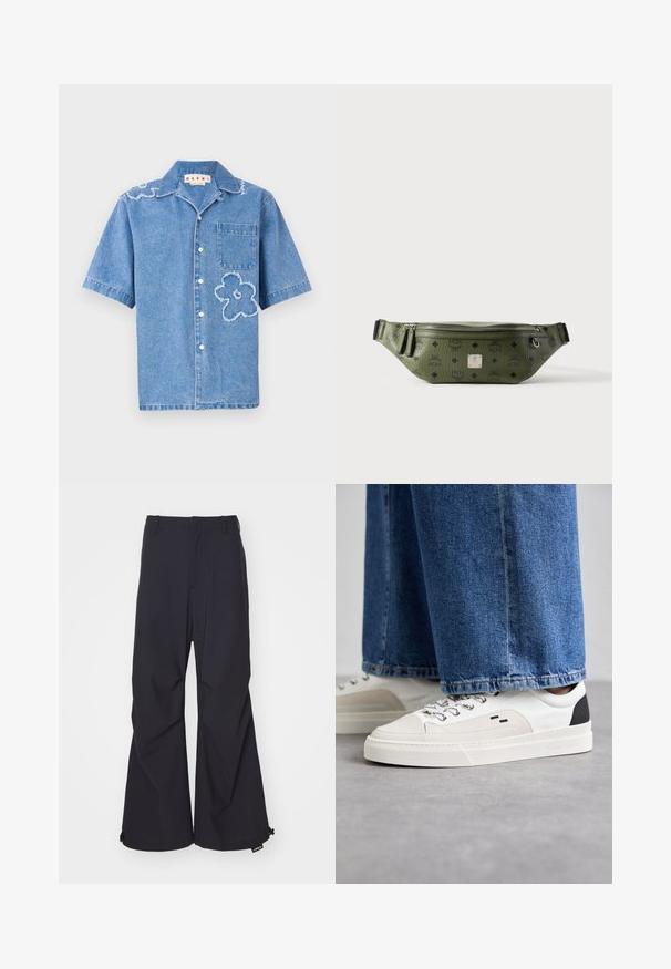 Helevarvarine teksashirt helesinine, millel on kaks fraktsiooni lillemotifi, rindade tasku ja valge nupu sulgemine ees.; Tumesinine laiad püksid, millel on sile kangas, kaks esist taskut ja nööriga kaunistused hemil. Puhtne, kohandatud disain ilma kaunistusteta.; Valged ja mustad spordijalatsid sileda nahkpealise, tekstuursete aktsentidega ja paksu valge tallaga. Omab klassikalist nööbistamise disaini.; Oliivroheline tekstuuriga nahast vöökott mustade logodega, hõbedase tõmbluku, kahepoolsete tõmblukukonksude ja keskmise hõbedase brändiplaadiga.