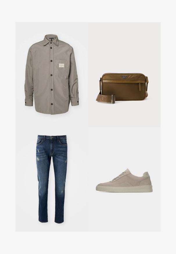 Grå knap-op jakke lavet af glat stof; har en brystlomme med et mærke, lange ærmer og et klassisk kravedesign.; Mørkeblå denimjeans med slim fit, let slid på lår og knæ, klassisk fem-lomme design og knaplukning.; Beige ruskindssneakers med en tekstureret finish, rund tå og tonale snørebånd. Har en tyk gummisål og diskret branding på hælen.; Brun rektangulær skuldertaske med lynlåslomme foran, justerbar rem med præget brandnavn og metallogo på toppen midtfor.