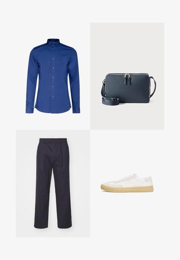 Camisa de manga larga y cuello en tejido azul oscuro con una textura suave, con cierre de botones en la parte delantera y dobladillo redondeado. Brillo sutil en el tejido.; Pantalones de un oscuro color navy que cuentan con un corte recto, frente plisado, trabillas para cinturón y una textura suave. El diseño enfatiza un ajuste clásico.; Zapatillas blancas de cuero y ante, con un diseño de cordones, suela de goma en tono marrón y un pequeño logo en el lateral.; Bolso de mano texturizado en azul marino con cierre de cremallera, dos tiradores de cremallera, correa ajustable y diseño plano, apto para uso casual.