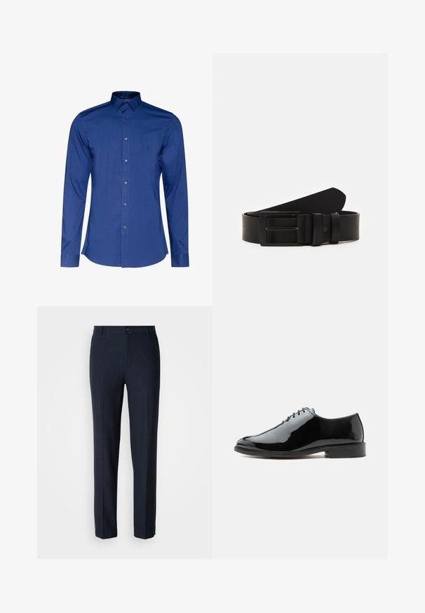 Camisa de manga larga y cuello en tejido azul oscuro con una textura suave, con cierre de botones en la parte delantera y dobladillo redondeado. Brillo sutil en el tejido.; Pantalones azul marino hechos de una tela suave. Presentan un diseño de pierna recta con un solo botón de cierre y bolsillos estándar.; Zapato de vestir de cuero negro brillante con cordones cerrados, tacón bajo y puntera lisa y redondeada, mostrado desde el lado exterior sobre un fondo liso.; Cinturón de cuero negro enrollado con una hebilla metálica rectangular negra mate y dos trabillas sobre un fondo blanco.