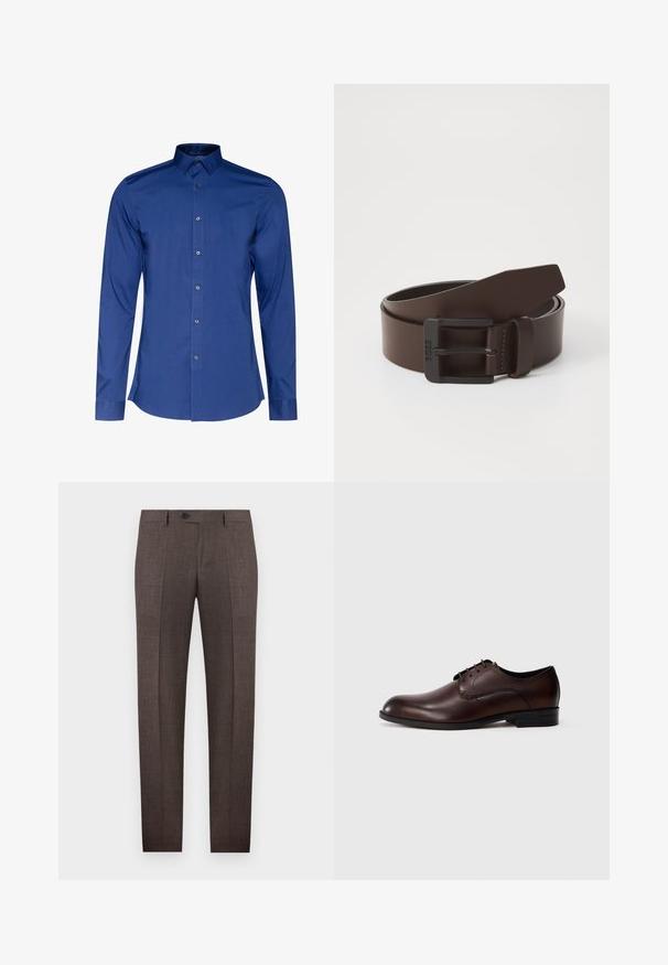 Camisa de manga larga y cuello en tejido azul oscuro con una textura suave, con cierre de botones en la parte delantera y dobladillo redondeado. Brillo sutil en el tejido.; Pantalones de vestir marrones para hombre, confeccionados a medida, con trabillas para cinturón, cierre frontal con botones y pliegues marcados, sobre un fondo blanco.; Zapato de vestir marrón para hombre, de cuero con cordones, suela negra, tacón bajo y acabado liso sobre un fondo liso.; Cinturón de cuero marrón con una hebilla rectangular de metal negro, que presenta detalles de costura a lo largo de los bordes y una textura suave.