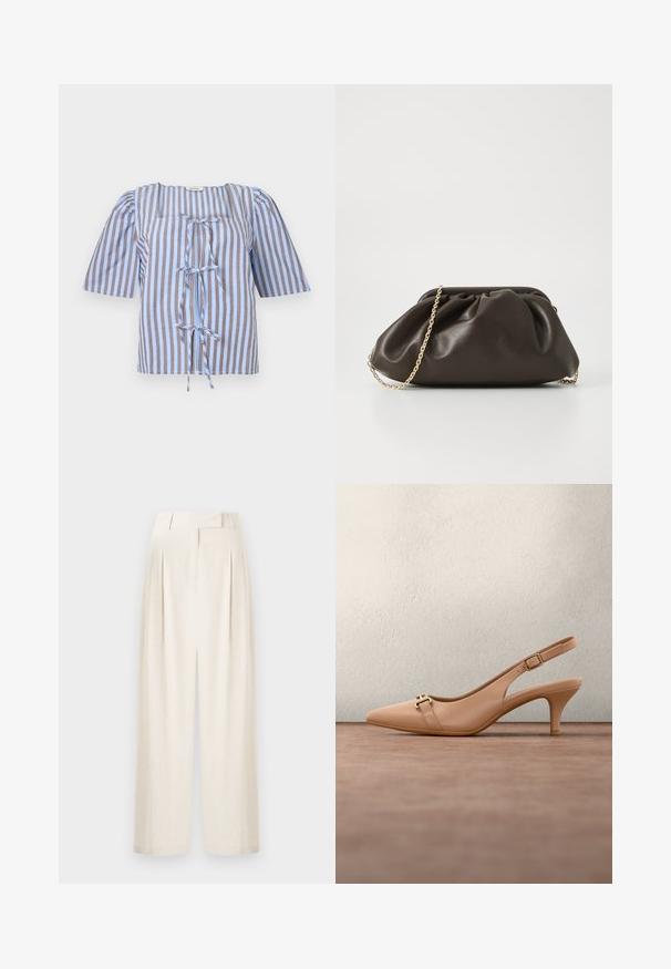 Blouse rayée bleue et brune avec des manches courtes bouffantes, un décolleté carré et un détail de nœud à l'avant. Fabriquée en tissu léger avec une texture lisse.; Pantalons larges couleur crème en tissu texturé, dotés d'une taille haute, de pinces et d'un design droit.; Escarpin slingback en cuir nude avec bout pointu, bride ajustable et détail en métal doré sur le dessus. Texture lisse et talon de 7,5 cm.; Sac à main en cuir marron avec un design froncé, une bandoulière en chaîne dorée et une finition douce et texturée. Sa forme compacte est idéale pour une utilisation en soirée.