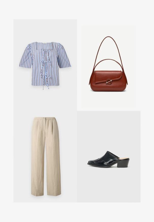 Blouse rayée bleue et brune avec des manches courtes bouffantes, un décolleté carré et un détail de nœud à l'avant. Fabriquée en tissu léger avec une texture lisse.; Pantalons larges beiges en tissu doux avec une taille élastique froncée et une fermeture à bouton à l'avant. Texture lisse avec des plis.; Mules en cuir verni noir avec un bout pointu, un design courbé et un petit talon bloc, ornés de piqûres décoratives sur le dessus.; Sac à bandoulière en cuir marron de forme rectangulaire arrondie, rabat asymétrique, fermoir circulaire argenté et deux fines bretelles.