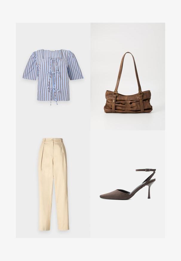 Blouse rayée bleue et brune avec des manches courtes bouffantes, un décolleté carré et un détail de nœud à l'avant. Fabriquée en tissu léger avec une texture lisse.; Pantalons beiges sur mesure à taille haute, avec des plis avant, une fermeture à bouton unique et des jambes fuselées. Fabriqués dans un tissu lisse.; Chaussure à talon haut en daim marron à bout pointu, avec une fine bride de cheville et une boucle argentée sur fond blanc.; Even&Odd by Zalando Sac à main - brown