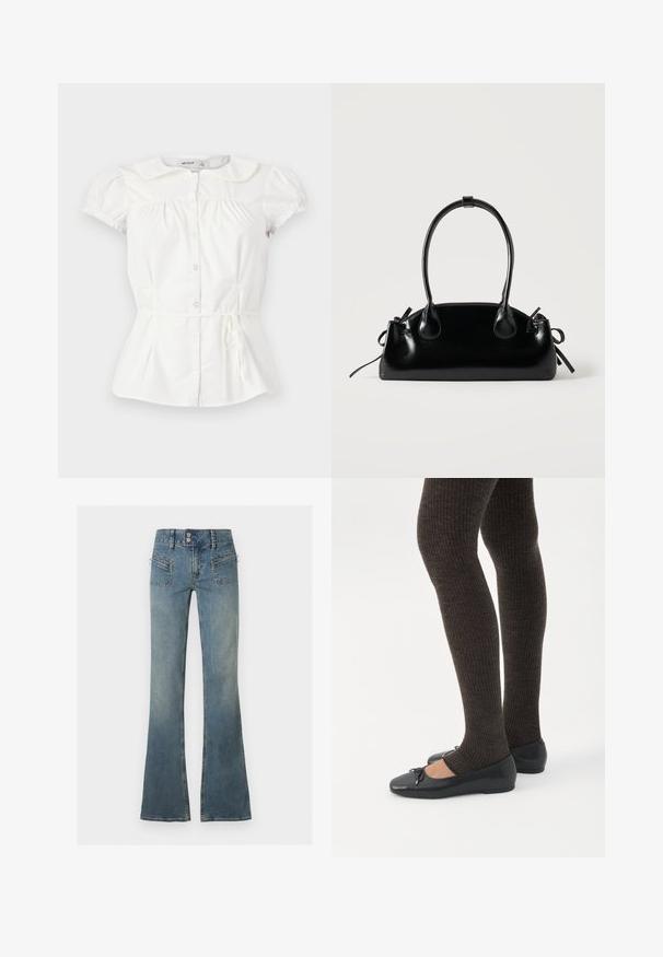 Blouse blanche à manches courtes avec col Claudine, boutons devant, poitrine froncée, poignets de manches élastiqués et fine ceinture à nouer à la taille.; Jean en denim bleu taille haute avec double fermeture à boutons, fermeture éclair devant, poches zippées et jambes évasées sur fond uni.; Jambes portant des leggings côtelés foncés associés à des ballerines noires avec de petits détails en nœud sur fond blanc.; Petit sac à main noir brillant avec deux longues anses et des détails à cordon sur les côtés sur un fond clair uni.