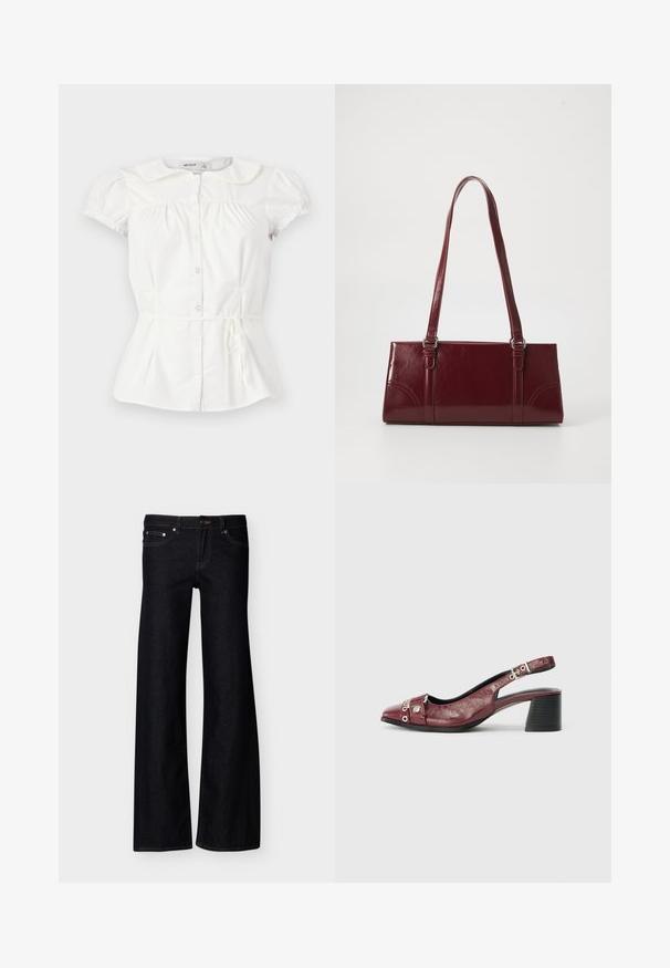 Blouse blanche à manches courtes avec col Claudine, boutons devant, poitrine froncée, poignets de manches élastiqués et fine ceinture à nouer à la taille.; Jean denim noir à jambes larges avec poches avant, fermeture par bouton, et coutures apparentes, présenté sur un fond blanc uni.; Chaussure slingback en cuir bordeaux avec un bout arrondi, un design incurvé, des accents en métal argenté et un talon bloc. Finition texturée.; Sac à main bordeaux en matériau brillant, de forme rectangulaire, avec deux anses et des accents légèrement courbés à l'avant.