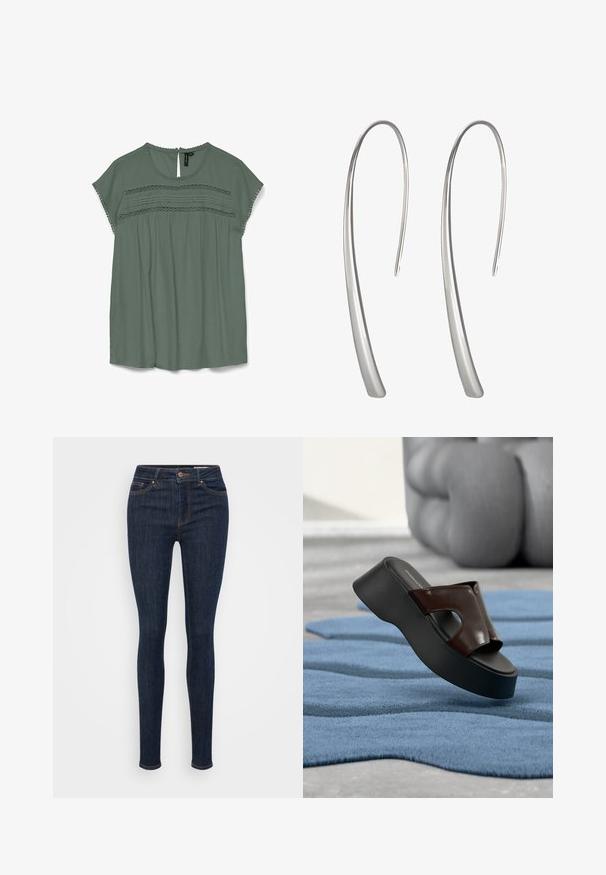 Blouse vert clair à manches courtes, avec des détails en dentelle au niveau de la poitrine et un dos en goutte d'eau. Fabriquée dans un tissu fluide avec une coupe décontractée.; Jean skinny bleu foncé en denim, avec une taille haute, un design à cinq poches et des coutures contrastantes le long des coutures.; Sandale plateforme noire avec dessus en cuir marron foncé et détail ajouré, posée sur un tapis bleu texturé, avec une chaise sculpturale en arrière-plan.; Boucles d'oreilles pendantes en argent long avec un design élégant et allongé et une surface lisse et polie. Présente une forme courbée minimaliste.