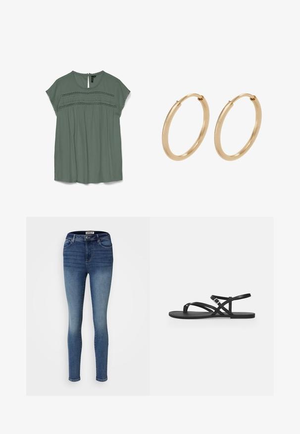 Blouse vert clair à manches courtes, avec des détails en dentelle au niveau de la poitrine et un dos en goutte d'eau. Fabriquée dans un tissu fluide avec une coupe décontractée.; Jean skinny en denim bleu foncé avec un léger dégradé, design à cinq poches et fermeture à bouton. Comprend des passants de ceinture et une texture lisse.; Sandale plate noire avec fines brides, boucle réglable à la cheville et bride pour l’orteil sur un fond gris clair uni.; Boucles d'oreilles en or en forme de créoles, avec une finition lisse et polie. Forme arrondie, de taille moyenne, dotées d'un mécanisme de fermeture sécurisé.
