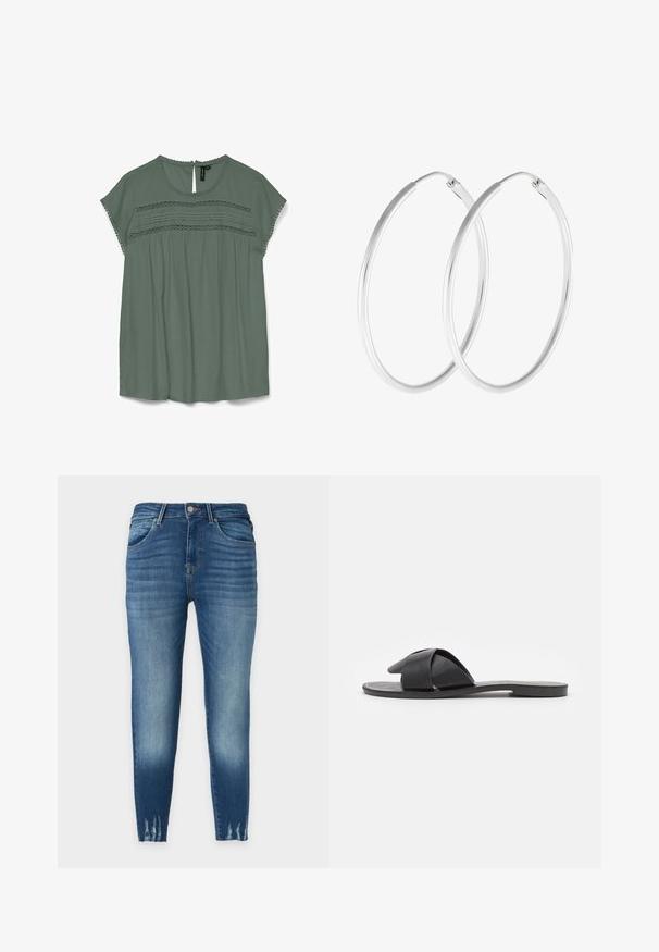 Blouse vert clair à manches courtes, avec des détails en dentelle au niveau de la poitrine et un dos en goutte d'eau. Fabriquée dans un tissu fluide avec une coupe décontractée.; Jean skinny bleu avec effets délavés, poches avant, passants de ceinture, fermeture à bouton et ourlets usés.; Sandale noire à enfiler avec des brides croisées. Fabriquée en cuir lisse avec une semelle plate et des coutures minimales. Design simple, à bout ouvert.; Boucles d'oreilles en argent, de forme ronde lisse et finition polie. Les deux boucles d'oreilles sont de la même taille et disposent d'un mécanisme de fermeture sécurisé.