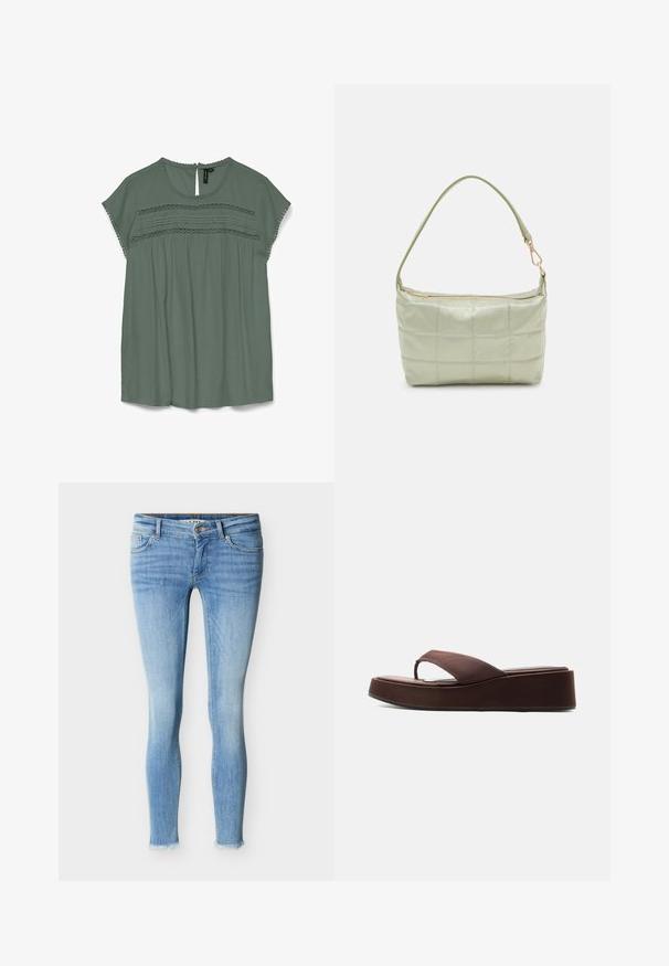 Blouse vert clair à manches courtes, avec des détails en dentelle au niveau de la poitrine et un dos en goutte d'eau. Fabriquée dans un tissu fluide avec une coupe décontractée.; Jean skinny bleu clair en denim, doté d'un design classique à cinq poches, fermeture à bouton métallique et ourlet usé.; Sandale tongs plateforme marron avec semelle épaisse et bride large sur les orteils sur fond blanc uni.; Sac vert rembourré avec une texture douce, de forme rectangulaire, à une bandoulière, et fermeture à glissière dorée. Présente un motif matelassé.