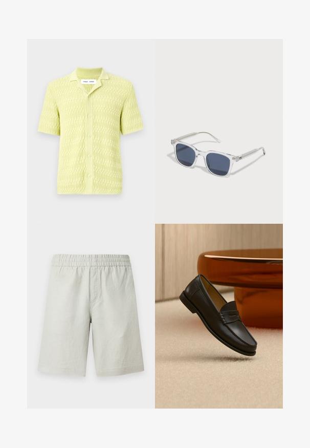 Limegrünes Kurzarm-Strickshirt mit einem strukturierten geometrischen Muster, ausgestattet mit einem klassischen Kragen und einer Knopfverschluss, gefertigt aus weichem Stoff.; Hellgraue Shorts aus strukturiertem Stoff, mit elastischem Bund und Seitentaschen; gerader Schnitt.; Schwarzer Leder-Loafer, der über einem hellbeigen Teppich schwebt, mit bernsteinfarbenen modernen Möbeln im Hintergrund.; Klare Plastiksonnenbrille mit dunkelblauen Gläsern, rechteckiger Form, dekorativen silbernen Akzenten an den Bügeln und einem strukturierten Muster an den Scharnieren.