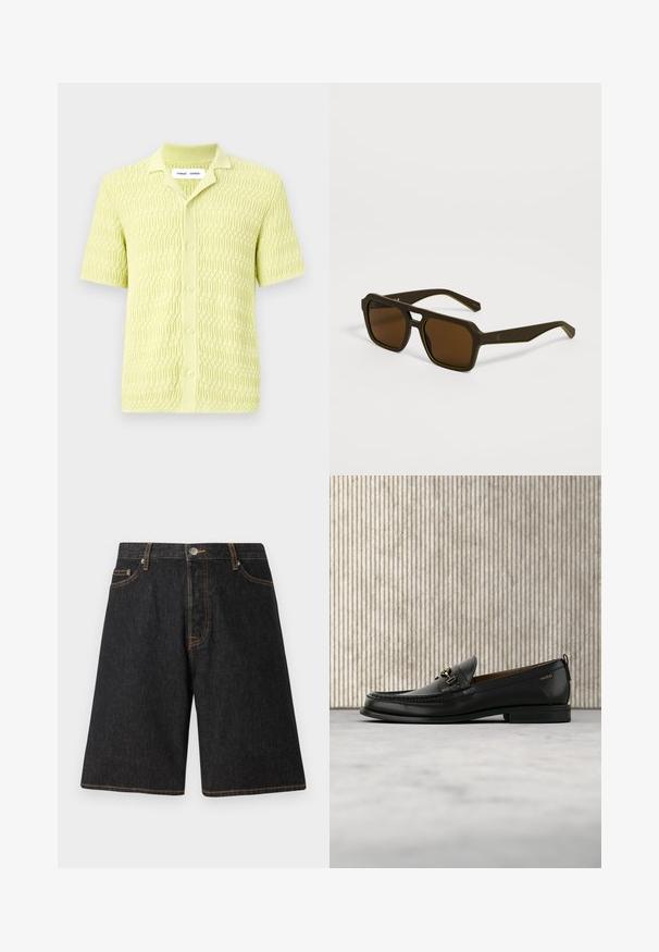 Limegrøn kortærmet striktrøje med et tekstureret geometrisk mønster, klassisk krave og knaplukning, fremstillet af blødt stof.; Sorte denimshorts med lige ben, prydet med orange syninger, fem lommer og en metalknaplukning i linningen.; Sort læderloafers med guldfarvet metaldekoration og "HUGO" branding, vist mod en beige tæppe og brunt gennemsigtigt møbel.; Mørkebrune firkantede solbriller med tykke stel og let vinklede stænger, der hviler på en lysegrå overflade.