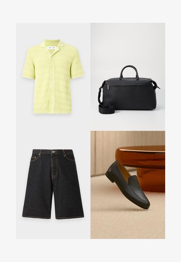 Limegrünes Kurzarm-Strickshirt mit einem strukturierten geometrischen Muster, ausgestattet mit einem klassischen Kragen und einer Knopfverschluss, gefertigt aus weichem Stoff.; Schwarze Jeansshorts mit geradem Beinschnitt, orangefarbener Naht, fünf Taschen und einem Metallknopfverschluss am Bund.; Schwarzer Lederschuh (Loafer), der auf beigem Teppich liegt, mit einem glänzenden braunen runden Tisch im Hintergrund.; Schwarze Leder-Reisetasche mit zwei Oberhandgriffen, einem abnehmbaren Schultergurt und einer Reißverschlusstasche auf der Vorderseite für zusätzlichen Stauraum.