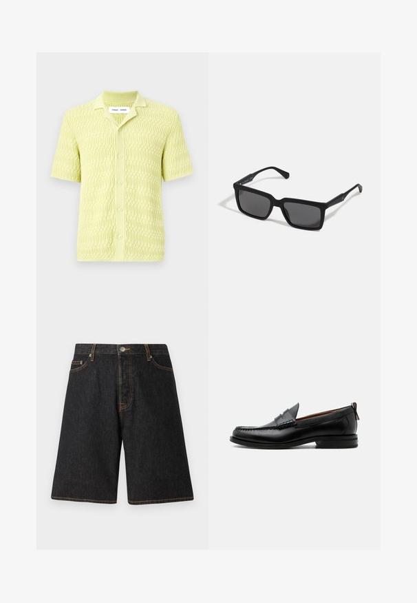 Camiseta de punto de manga corta en verde lima con un patrón geométrico texturizado, con un cuello clásico y cierre de botones, confeccionada en una tela suave.; Pantalones cortos de mezclilla negra con corte recto, con costuras naranjas, cinco bolsillos y un cierre de botón de metal en la cintura.; Mocasín de hombre de piel negra con costura moc toe, tira penny, cuello texturizado y tacón bajo apilado sobre fondo blanco.; Gafas de sol negras con lentes rectangulares, acabado mate, montura gruesa y brazos delgados con un discreto detalle de marca.