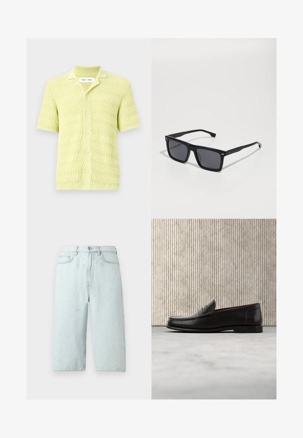 Limoengroen shirt met korte mouwen van breiwerk met een gestructureerd geometrisch patroon, voorzien van een klassieke kraag en knoopsluiting, gemaakt van zachte stof.; Lichtblauwe denim shorts met een rechte pijp, een taille die tot halverwege de heupen reikt, steekzakken aan de voorkant en een enkele achterzak, afgewerkt met subtiele stiksels.; Zwarte leren penny loafer met lage hak, afgeronde neus en gestikte details langs de voorkant en zijkanten, afgebeeld op een neutrale achtergrond.; Zwarte vierkante zonnebril met donkere lenzen. Gemaakt van plastic, met een textuur aan de zijkanten en een minimalistisch ontwerp. Accenten nabij de scharnieren.
