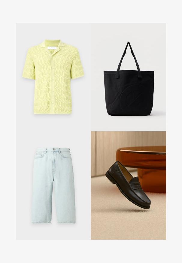 Limegrünes Kurzarm-Strickshirt mit einem strukturierten geometrischen Muster, ausgestattet mit einem klassischen Kragen und einer Knopfverschluss, gefertigt aus weichem Stoff.; Hellblaue Jeansshorts mit geradem Bein, mittlerer Bundhöhe, vorderen Taschen und einer einzelnen Gesäßtasche, veredelt mit dezenter Naht.; Schwarzer Leder-Loafer, der über einem hellbeigen Teppich schwebt, mit bernsteinfarbenen modernen Möbeln im Hintergrund.; Schwarze Canvas-Shopper-Tasche mit zwei Schulterriemen und einem dezenten, eingeprägten kreisförmigen Design auf der Vorderseite.