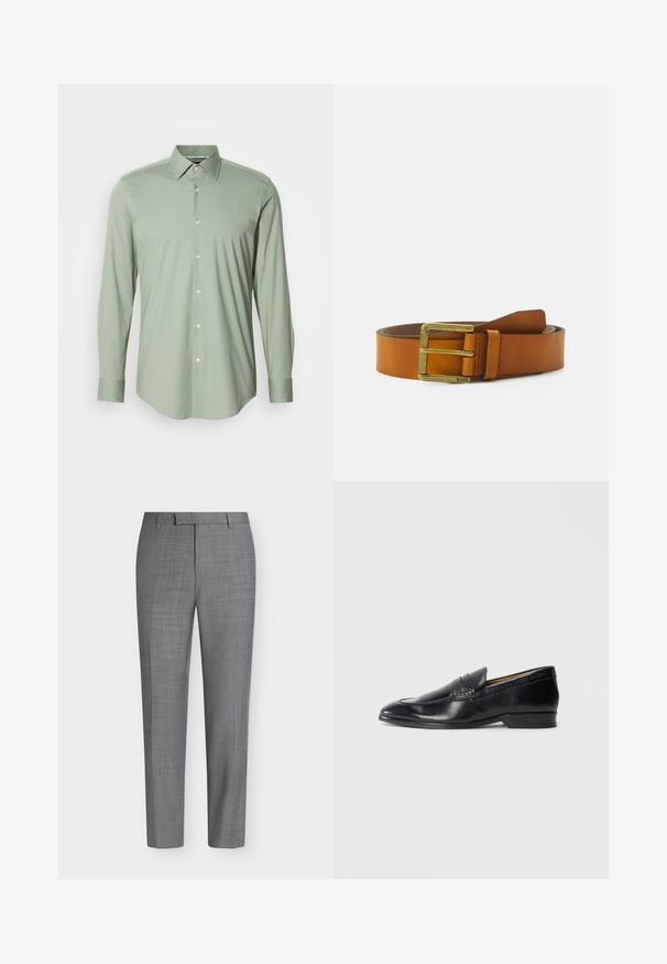 Hellgrünes langärmliges Herrenhemd mit spitzem Kragen und weißen Knöpfen entlang der Vorderseite, auf einem schlichten Hintergrund präsentiert.; Graue Slim-Fit-Hosen mit dezentem Karo-Muster, Gürtelschlaufen und flachem Vorderteil vor einem schlichten weißen Hintergrund.; Schwarze Lederloafers mit glatter Oberfläche, spitzem Zehenbereich und subtilen Steppdetails. Verfügt über einen flachen Absatz und ein eingeprägtes Logo an der Seite.; BOSS JORIS - Gürtel - medium brown