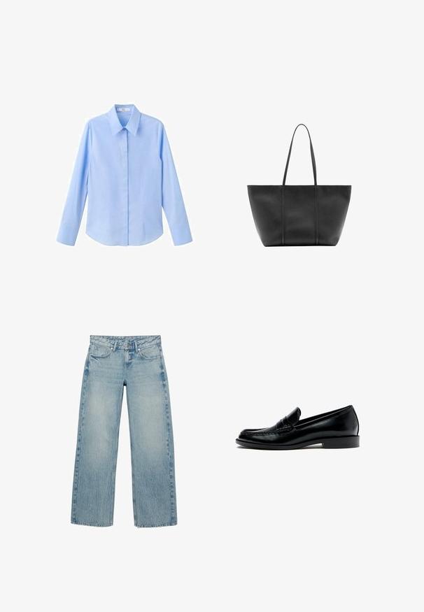 Chemise bleu clair à boutons, manches longues, col classique, texture lisse, coupe ajustée et coutures latérales pour un look structuré.; Jeans bleu clair à jambes droites avec bouton frontal, passants pour ceinture et poches, présentant une texture denim subtilement délavée et froissée.; Mocassin penny en cuir noir avec talon bas, bout arrondi et surpiqûres visibles le long du bord supérieur, présenté de profil sur fond blanc.; Sac cabas en cuir noir avec de longues anses fines, une surface texturée et une ouverture large en haut.