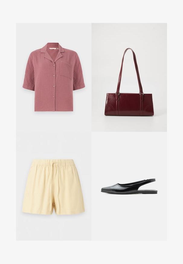 Chemise à manches courtes couleur rose poussiéreux avec col et une poche poitrine unique, fabriquée en tissu texturé.; Shorts beige en coton avec taille élastique et cordon à l'avant, conçus pour un usage décontracté.; Chaussure plate à bride arrière en cuir verni noir avec bout pointu et petit talon sur fond blanc.; Sac à main bordeaux en matériau brillant, de forme rectangulaire, avec deux anses et des accents légèrement courbés à l'avant.