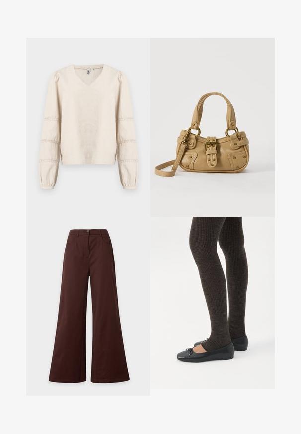 Blouse beige clair avec un col en V, de longues manches bouffantes, et des détails en dentelle autour des poignets. Fabriquée en tissu doux et texturé.; Pantalon marron à jambes larges avec bouton à l'avant et poches, présenté sur un fond clair uni.; Jambes portant des leggings côtelés foncés associés à des ballerines noires avec de petits détails en nœud sur fond blanc.; Sac à main en cuir beige avec double poignées, boucle en laiton et détails rivetés, ainsi qu'une bandoulière réglable sur fond blanc.