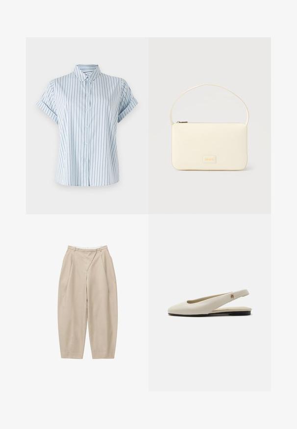 Chemise à manches courtes bleu clair avec des rayures verticales, dotée d'un devant boutonné et d'un col classique, fabriquée en tissu lisse.; Pantalon beige taille haute à jambes larges avec plis, passants de ceinture et une couture avant, présenté sur fond blanc.; Chaussure plate slingback en cuir couleur crème avec un bout arrondi et un petit emblème doré sur la bride.; Sac à main rectangulaire de couleur crème avec une seule sangle et une fermeture éclair sur le dessus, comportant une petite plaque de logo embossé à l'avant.