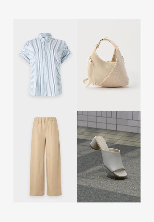 Chemise à manches courtes bleu clair avec des rayures verticales, dotée d'un devant boutonné et d'un col classique, fabriquée en tissu lisse.; Pantalons larges beiges en tissu léger. Dotés d'une taille élastique et d'une texture lisse, sans matériel visible ni motifs.; Mule blanche à bout ouvert avec talon bloc sur sol pavé près d'un mur carrelé, inclinée pour montrer les vues latérale et supérieure.; Sac à main beige en forme de croissant avec textures de tissus mélangées, poignée courte et bandoulière amovible, sur fond clair.