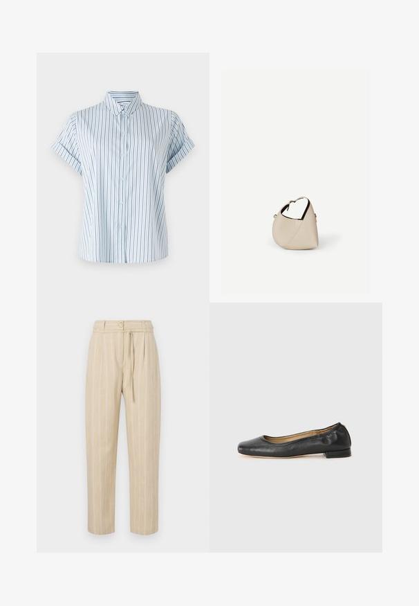 Chemise à manches courtes bleu clair avec des rayures verticales, dotée d'un devant boutonné et d'un col classique, fabriquée en tissu lisse.; Pantalon beige à rayures avec une coupe décontractée, présentant une taille cintrée, une fermeture à bouton et une ceinture à nouer, fabriqué à partir d'un tissu léger.; Ballerines en cuir noir avec un bout arrondi et des coutures minimales. Talon bas et rectangulaire avec une texture lisse. Détails subtils de doublure intérieure.; Sac à main en cuir beige en forme de croissant avec une seule bandoulière et des coutures minimalistes, posé sur un fond blanc uni.