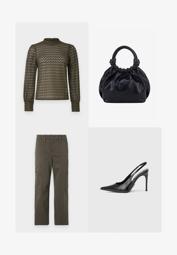 Olivengrøn langærmet top med et struktureret honningkcomb mønster, høj hals og samlede ærmer. Letvægtsstof med en blød finish.; Good American CROPPED PANTS - Cargobukser - fatigue; Sort laklæder slingback højhælet pumpe med spids tå, udskårne sider og en spinkel hæl. Blank finish med minimale hardware-detaljer.; Sort blød læderhåndtaske med samlet top og to tykke håndtag bundet i knuder mod en ensfarvet lys baggrund.