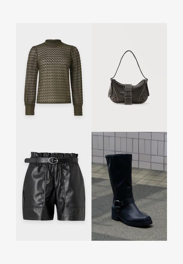 Olivenfarbener Langarm-Top mit strukturiertem Wabenmuster, hohem Kragen und gerafften Ärmeln. Leichtes Material mit weichem Finish.; Schwarze Shorts aus Kunstleder mit elastischem Bund, glatter Textur und zwei vorderen Taschen, ergänzt durch einen schmalen Gürtel mit einer silbernen Schnalle.; Schwarzer Lederstiefel bis zur Mitte der Wade mit niedrigem Blockabsatz und dekorativem Riemen mit Metallschnalle um den Knöchel, auf einem gefliesten Gehweg.; Schwarze Leder-Schultertasche mit Schnallengurt-Detail, abgerundeten Kanten und kontrastierenden weißen Nähten auf schlichtem Hintergrund.