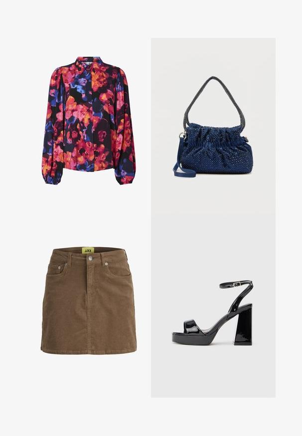 Blomstret bluse med lange pufærmer, der har en blanding af livlige farver: pink, orange, blå og sort baggrund. Knap-ned krave.; Brun fløjlsnederdel med frontknapper og lynlås, bæltestropper og forlommer, med gul JJXX-mærkat indeni linningen.; Sorte patentlæder platform sandaler med chunky høj hæl og ankelrem med spænde på hvid baggrund.; Marineblå håndtaske med et opsamlet design, udsmykket med skinnende nitter. Har en kædehåndtag og en aftagelig skulderrem. Blød tekstur.