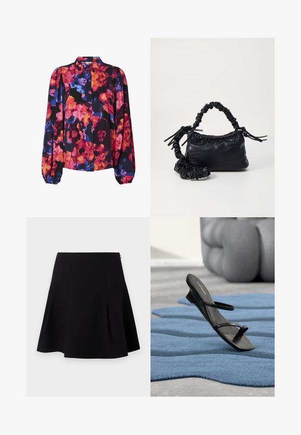 Blomstret bluse med lange pufærmer, der har en blanding af livlige farver: pink, orange, blå og sort baggrund. Knap-ned krave.; Sort flared nederdel med folder foran, en glat tekstur og en skjult lynlås lukning bagpå.; Sort sandal med remme og tå-loop vist på et blåt tekstureret tæppe, med en stor grå dekorativ genstand sløret i baggrunden.; Sort kunstlæder håndtaske med krokodilteksur, indsnøret top og en sammenkrøben rem. Ser blød og kompakt ud i designet.