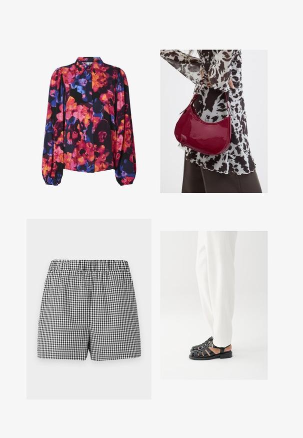 Blouse florale avec de longues manches bouffantes, présentant un mélange de couleurs vives : rose, orange, bleu, sur un fond noir. Col avec boutons.; Shorts noir et blanc à carreaux avec une taille élastique et une coupe décontractée. Fabriqués en tissu léger. Pas de détails supplémentaires ni de poches.; Personne portant un pantalon blanc et des sandales noires en cuir à bout ouvert avec une boucle, debout sur un fond blanc.; Femme portant un chemisier à motif noir et blanc tenant un sac à main rouge brillant sur un fond uni.