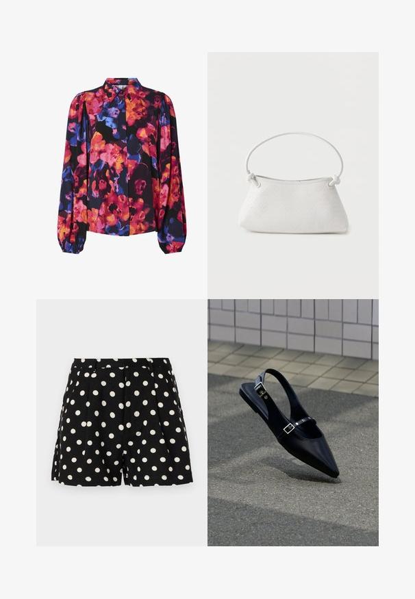 Blumenbluse mit langen Puffärmeln, die eine Mischung aus lebhaften Farben zeigt: Pink, Orange, Blau und schwarzer Hintergrund. Knopfleiste und Kragen.; Schwarze Shorts mit weißen Polka-Dots, mit Falten vorn und Seitentaschen. Hergestellt aus einem leichten Stoff.; Schwarzer Slingback-Flachschuh mit spitz zulaufender Spitze und doppelten Schnallenriemen, ruhend auf grauem Asphalt nahe einer gefliesten Wand.; Weiße gewebte Lederhandtasche mit abgerundetem Griff und verknoteten Riemenenden, vor schlichtem Hintergrund präsentiert.