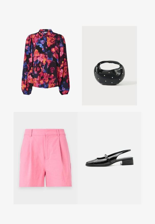 Blomstret bluse med lange pufærmer, der har en blanding af livlige farver: pink, orange, blå og sort baggrund. Knap-ned krave.; Rosa shorts lavet af bomuld med en glat tekstur, med plisseringer, en talje og sidelommer for ekstra funktionalitet.; Sort laklæderslingback-sko med lav blokhæl og tynd rem med sølvspænde over toppen.; Sort læderhåndtaske med en rundet form, dekoreret med sølvnitter, og et kort håndtag. Glat tekstur og lynlåslukning.