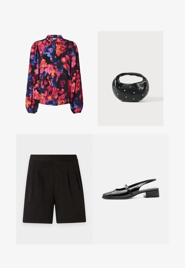 Blusa floral con mangas largas abullonadas, con una mezcla de colores vibrantes: rosa, naranja, azul y fondo negro. Cuello tipo botón.; Pantalones cortos negros de tela suave, con una textura lisa, cintura elástica y diseño frontal plisado. Simples y sin adornos.; Zapato slingback de charol negro con tacón bajo y grueso y una fina correa con hebilla de plata en la parte superior.; Bolso de mano de cuero negro con forma redondeada, decorado con detalles de tachuelas plateadas y un asa corta. Textura lisa y cierre con cremallera.