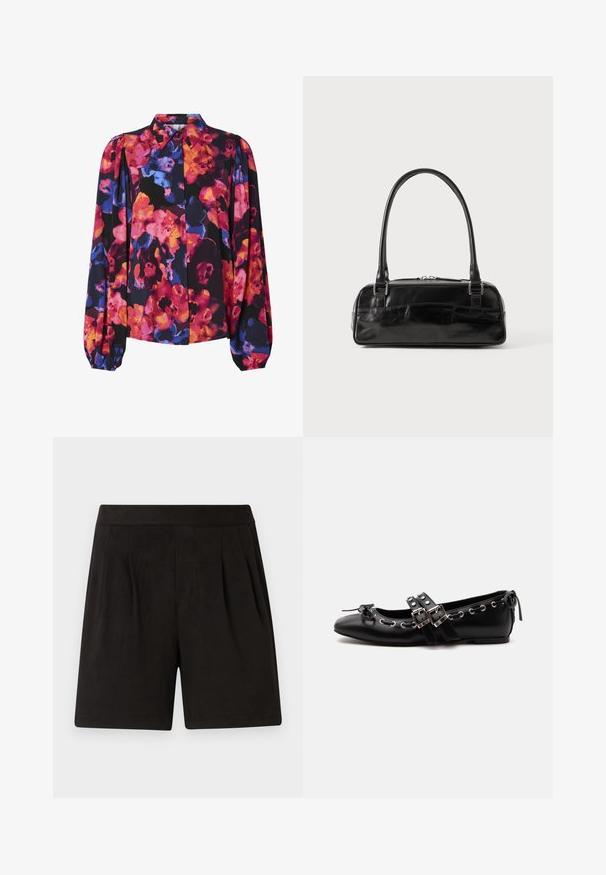 Blouse florale avec de longues manches bouffantes, présentant un mélange de couleurs vives : rose, orange, bleu, sur un fond noir. Col avec boutons.; Shorts noirs en tissu doux, avec une texture lisse, une taille élastique et un design à plis à l'avant. Simples et sans ornements.; Chaussure de ballet plate noire avec doubles brides à boucle, œillets argentés et petit nœud près de l’orteil arrondi sur fond blanc.; Sac à main en cuir noir de forme rectangulaire, doté d'une seule ansse structurée, de quincaillerie argentée et d'une fermeture éclair. Texture lisse.