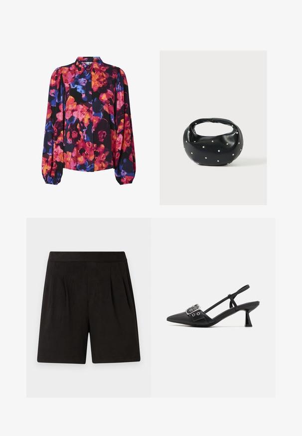Blomstret bluse med lange pufærmer, der har en blanding af livlige farver: pink, orange, blå og sort baggrund. Knap-ned krave.; Sorte shorts lavet af blødt stof, med en glat tekstur, elastisk talje og plisseret frontdesign. Enkle og udekorerede.; Simmi London DALA - Pumps - black; Sort læderhåndtaske med en rundet form, dekoreret med sølvnitter, og et kort håndtag. Glat tekstur og lynlåslukning.